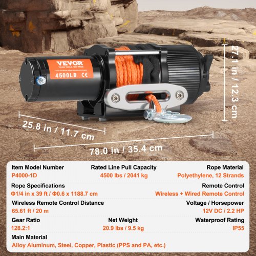 Electric Winch ATV UTV 4500 lb Synthetic Rope Waterproof Remote Control