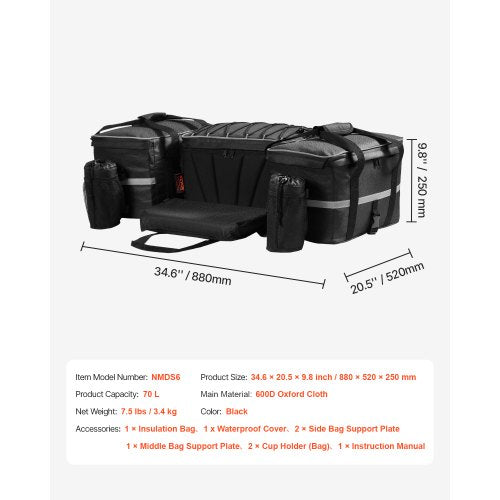 ATV Rear Storage Bag 54L ATV Rear Cargo Bag with 16L Cooler Insulated Bag