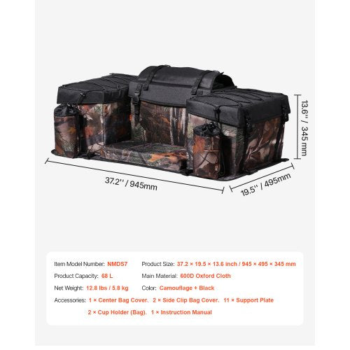 ATV Rear Storage Bag 68L ATV Rear Cargo Bag with Sponge Seat Cushion
