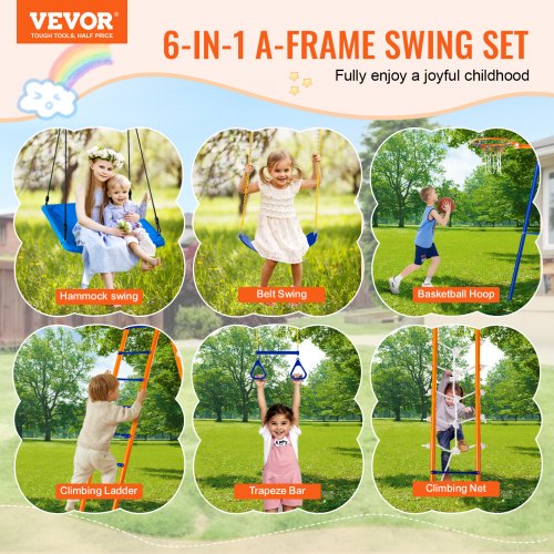 Swing Sets for Backyard 6 in 1 Swing Set with 2 Swings Trapeze Bar