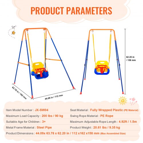 Swing Sets for Backyard 3in1 Toddler Swing Set with 4 Sandbags Foldable