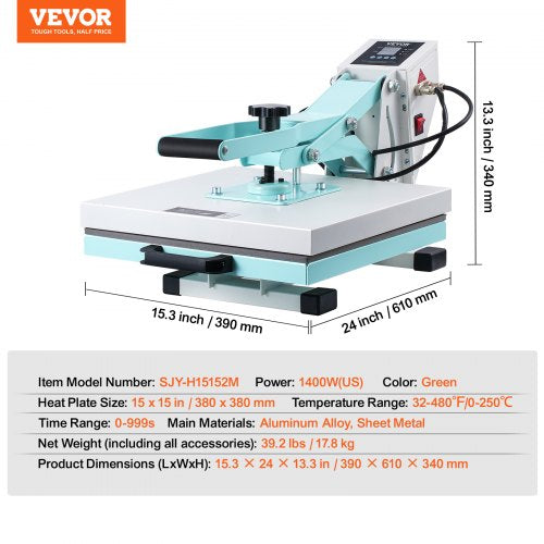 Heat Press Machine 15x15 in Slide Out Heat Transfer Machine TShirts Green –