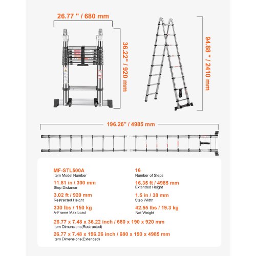Telescoping Ladder A Frame 165ft Stainless Steel Extension Ladder
