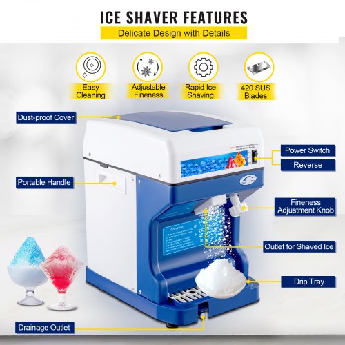 110V Electric Shaved Ice Machine 250W Snow Cone Maker Tabletop with Adjustable