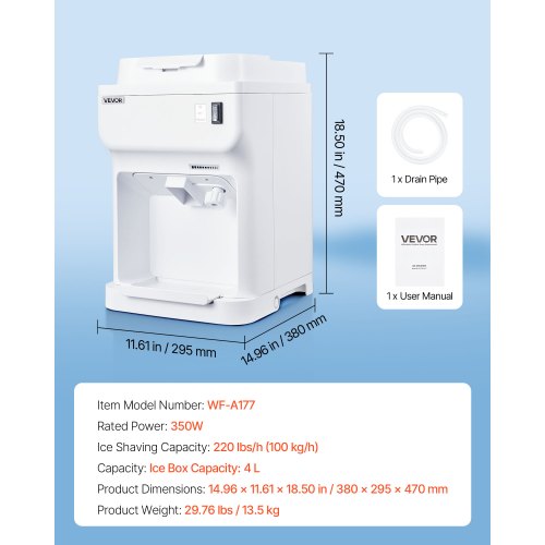 Commercial Ice Shaver Crusher 220lbs Per Hour Electric Snow Cone Maker with 4L