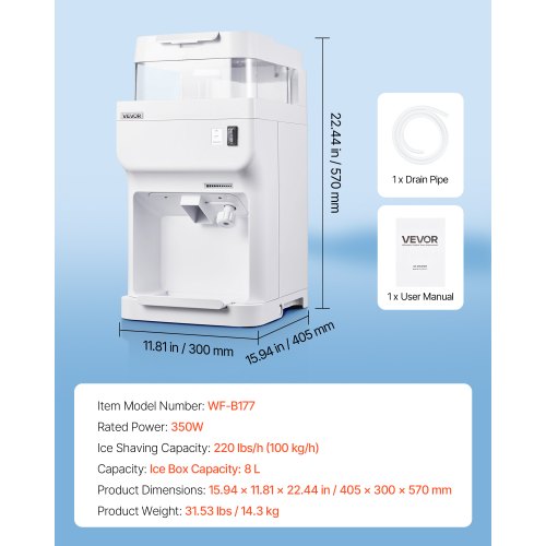 Commercial Ice Shaver Crusher 220lbs Per Hour Electric Snow Cone Maker with 8L