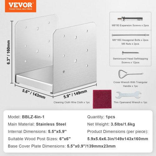 6x 6 Post Base 1Pcs Stainless Steel Adjustable Post Anchor