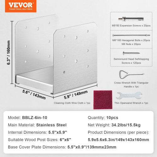 6x 6 Post Base 10Pcs Stainless Steel Adjustable Post Anchor