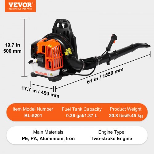 Backpack Leaf Blower 52CC 2Cycle Leaf Blower with 137L Fuel Tank 480CFM