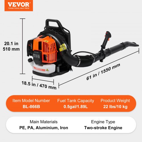 Backpack Leaf Blower 62CC 2Cycle Gas Leaf Blower 1110CFM Air Volume – 22 L