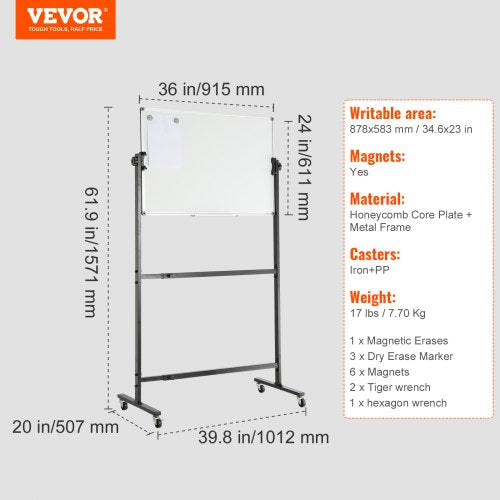 Rolling Magnetic Whiteboard Doublesided Mobile Whiteboard 36x24 Inches