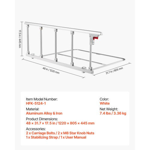 Foldable Bed Rail for Elderly 48 in Bedside Assist Rail with Fixing Strap