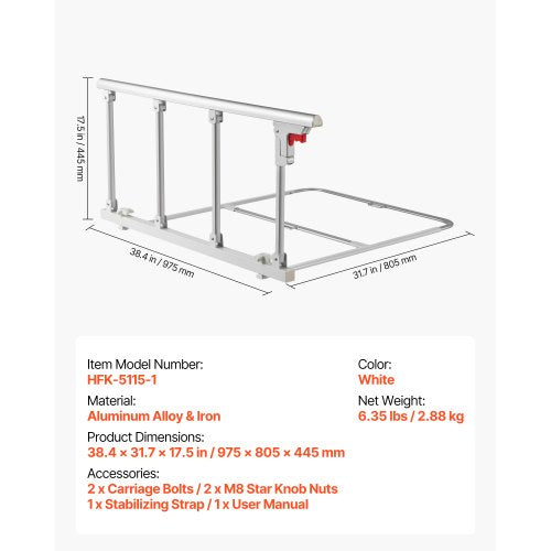 Foldable Bed Rail for Elderly 38 in Bedside Assist Rail with Fixing Strap