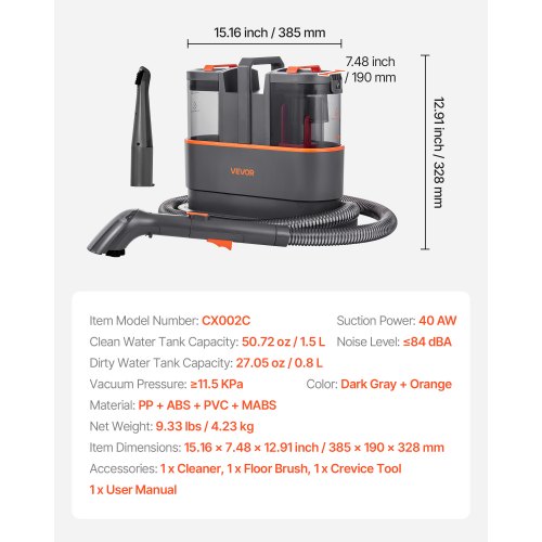 Carpet Cleaner Machine 50.72 oz Clean Water Tank 27.05 oz Dirty Water