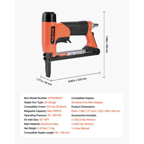 Pneumatic Staple Gun 20 Gauge LongNose Upholstery Stapler for 50 Series