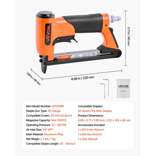 Pneumatic Staple Gun 20 Gauge Air Upholstery Stapler for 50 Series Fine