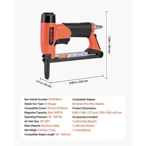 Pneumatic Staple Gun 21 Gauge LongNose Upholstery Stapler for 80 Series