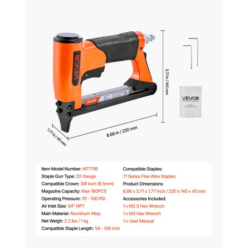 Pneumatic Staple Gun 22 Gauge Air Upholstery Stapler for 71 Series Fine