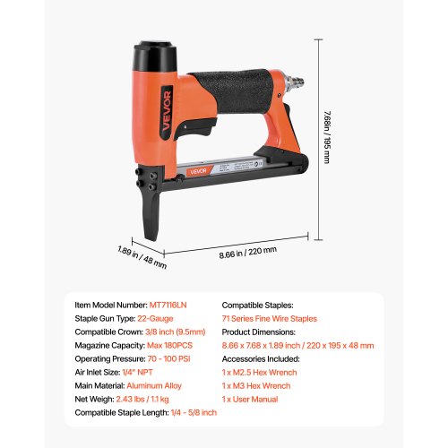 Pneumatic Staple Gun 22 Gauge LongNose Upholstery Stapler for 71 Series