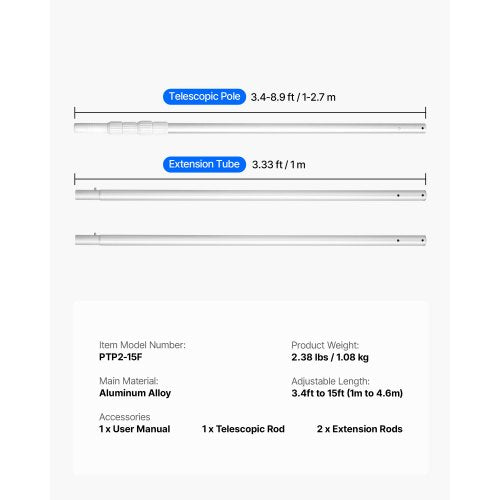 Pool Pole 34 to 15 Ft Telescoping Swimming Pool Cleaning Poles