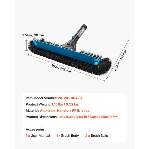 Pool Brush Head 20 Inch Scrub Brushes with Nylon Bristles and Aluminum Pole