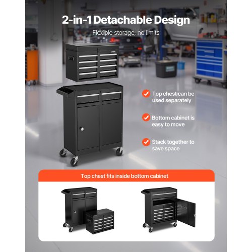 Rolling Tool Chest 2in1 Design 5 Drawers Tool Cabinet Organizer with Detachable