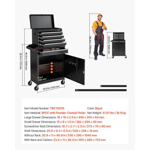 Rolling Tool Chest 2in1 Design 5 Drawers Tool Cabinet Organizer with Detachable