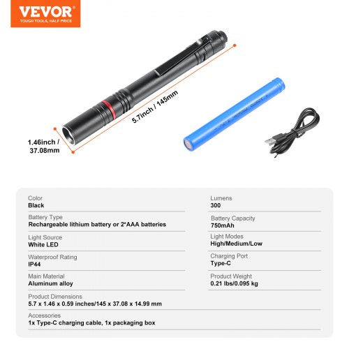 5.9 Inch Rechargeable Penlight 300 lumens 3 Lighting Modes Pocket Pen