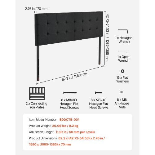 Headboard Queen Size Headboard with Adjustable Height Comfortable Diamond