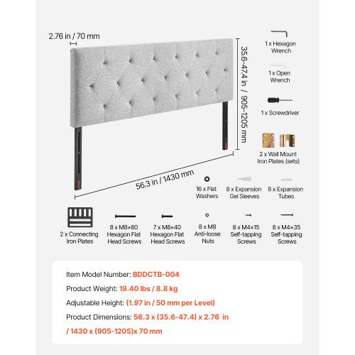 Headboard Full Size Headboard with Adjustable Height Comfortable Diamond