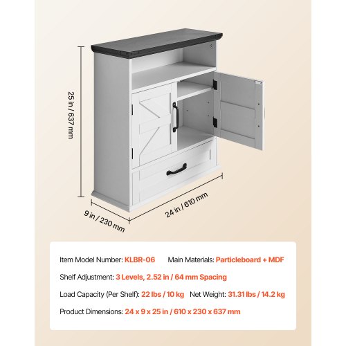Bathroom Wall Cabinet 2 Doors Adjustable Shelf Over the Toilet Storage