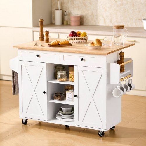 Kitchen Island Cart With Solid Wood Top And Storage Cabinet Mobile Rolling