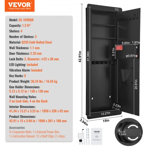 4291 Tall Wall Gun Safe 4Tier Hidden Gun Safe with Keypad Fingerprint