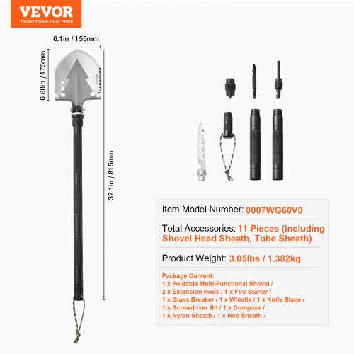 Survival Shovel 11 in 1 Camping Shovel Folding Multitool Military Grade