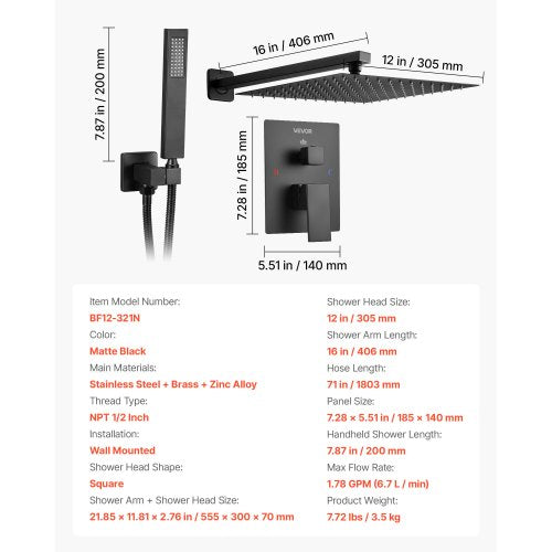 Shower Faucet Set Rainfall Bathroom Shower System with 12Inch Square Rain