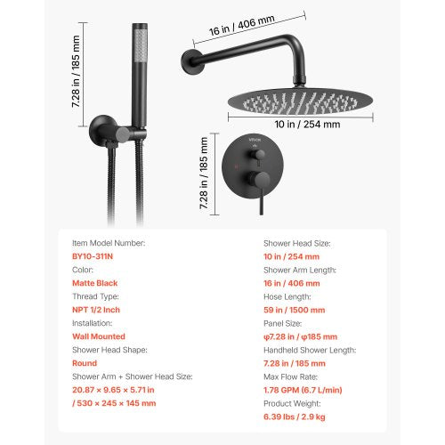 Shower Faucet Set Rainfall Bathroom Shower System with 10Inch Round Rain