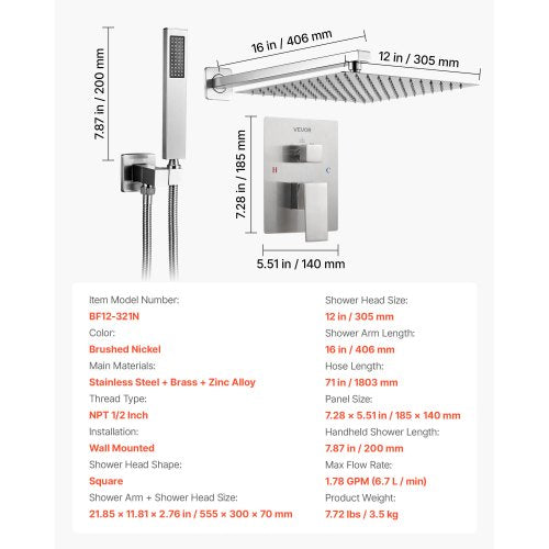 Shower Faucet Set Rainfall Bathroom Shower System with 12Inch Square Rain