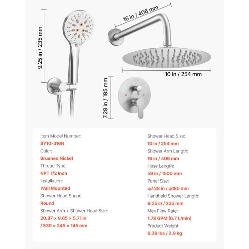 Shower Faucet Set Rainfall Bathroom Shower System with 10Inch Round Rain