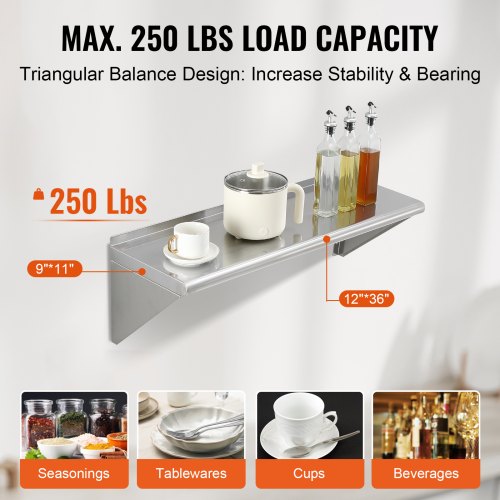 12" x 36" Stainless Steel Shelf Wall Mounted Floating Shelving with Brackets