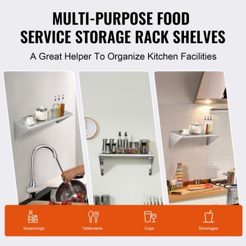 12" x 36" Stainless Steel Shelf Wall Mounted Floating Shelving with Brackets