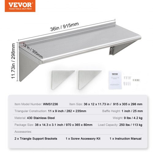 12" x 36" Stainless Steel Shelf Wall Mounted Floating Shelving with Brackets