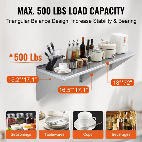 18 x 72 Stainless Steel Shelf Wall Mounted Floating Shelving with Brackets