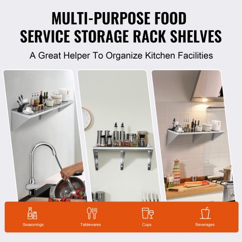 18 x 72 Stainless Steel Shelf Wall Mounted Floating Shelving with Brackets