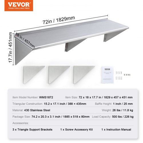 18 x 72 Stainless Steel Shelf Wall Mounted Floating Shelving with Brackets