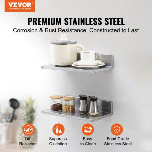 8.6 x 16 Stainless Steel Shelf Wall Mounted Floating Shelving with Backsplash