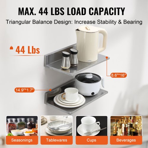 8.6 x 16 Stainless Steel Shelf Wall Mounted Floating Shelving with Backsplash