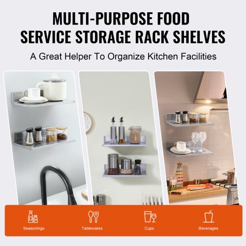 8.6 x 16 Stainless Steel Shelf Wall Mounted Floating Shelving with Backsplash
