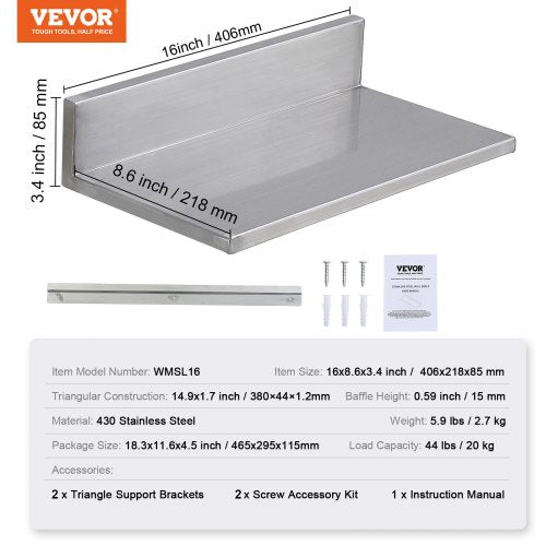 8.6 x 16 Stainless Steel Shelf Wall Mounted Floating Shelving with Backsplash