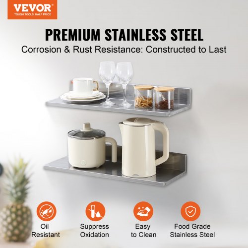 86 x 24 Stainless Steel Shelf Wall Mounted Floating Shelving with Backsplash