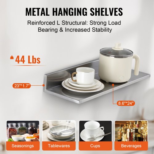 86 x 24 Stainless Steel Shelf Wall Mounted Floating Shelving with Backsplash